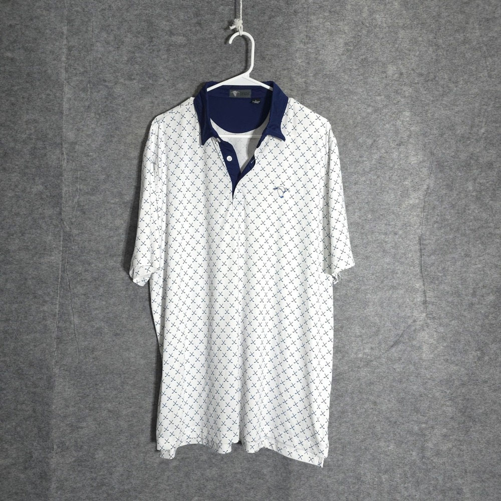 IBIS Golf Polo Men Large White Navy Blue Crossed Clubs Print Stretch Performance